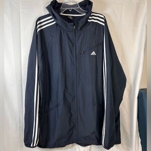 Adidas Men's Dark Blue Full Zip Hooded Windbreaker White Stripes Size XL